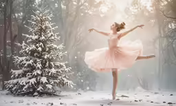 a ballerina in a pink tutu dances near a christmas tree