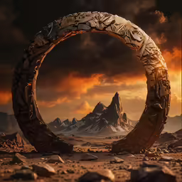 the large round circular sculpture is on rocks near mountains