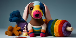 a stuffed dog with many colors and sizes sitting next to toy bears