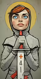 a painting of a woman holding a cross with her hands