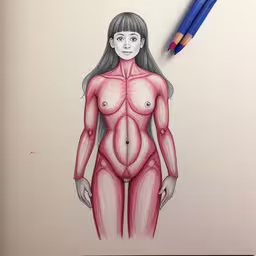 a drawing of a woman with her large muscles highlighted,a pencil drawing of a woman showing the body
