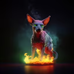 a small red and white fire dog with green eyes