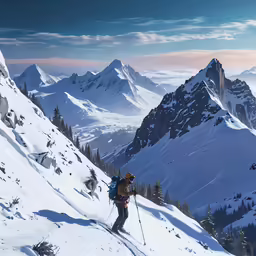 a skier stands on the side of a snowy mountain with tall mountains in the background