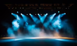 a stage with bright lights and fog in the dark