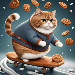a cat sitting on a skateboard wearing some clothes