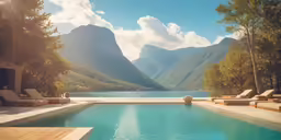 a swimming pool with chaise lounges next to mountains