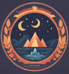 an orange and blue circular painting of a mountains and the sea,an ornate round badge with a night scene in the center