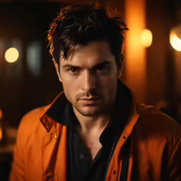 a man in an orange jacket poses for the camera