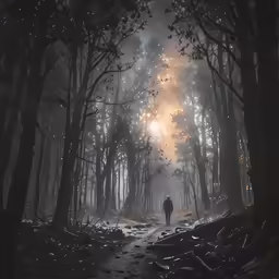 an illuminated forest scene with a person walking down the path
