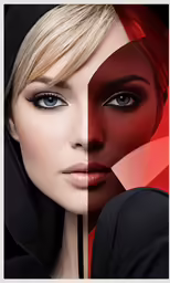 the side of a woman with long hair, wearing black makeup and red and orange colors