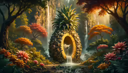 a painting with trees, plants, flowers and waterfall