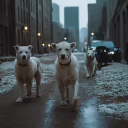 two dogs walking on a wet street during the day