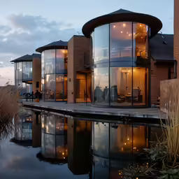 some people are walking outside a building on the side of a body of water