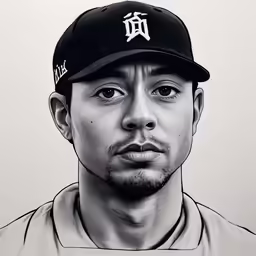 a drawing of a man in black and white wearing a hat