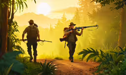 two men walk along a dirt path with rifles,two soldiers walk with a rifle through the jungle