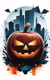 a halloween pumpkin with a city in the background