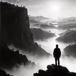 a man standing at the edge of a cliff overlooking the foggy landscape