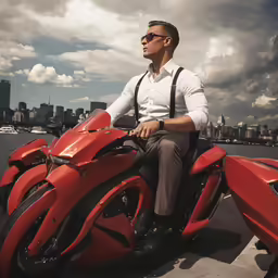 a man riding a red bike along a street