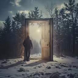 the man is walking into the snowy forest