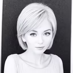 a woman with blonde hair and short layers posing for a portrait