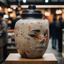 a ceramic face is on display in the store