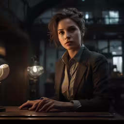 a woman is typing while standing next to a desk