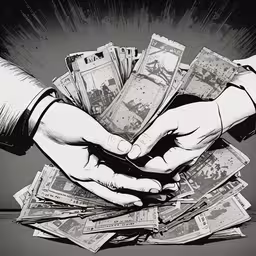 two hands reach for money above them with a black and white background,an illustration of hands that are holding each other