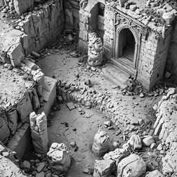 a black and white photo of stone ruins