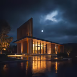 a building illuminated up at night with a moon in the sky