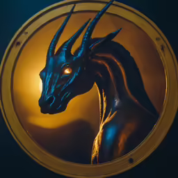 a black horse head with long horns in a round frame
