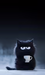 black cat with mug staring intently at the camera