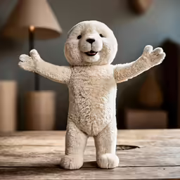 stuffed animal with one leg raised in air on table