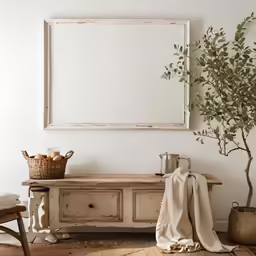 the empty picture frame is on a table with a potted tree in it
