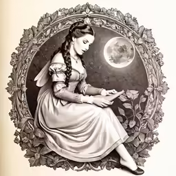 the painting depicts a woman in dress holding a book