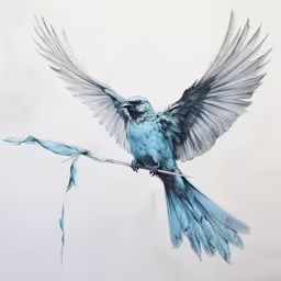 a drawing of a bird flying with wings outstretched,a watercolor painting of a bird with wings spread open