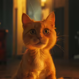 a cat looking up while sitting on the floor