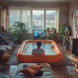 a man sitting in a giant inflatable pool,a man sits in the living room on an inflatable couch while watching tv
