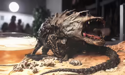 a fake lizard on display next to a drink