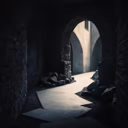 the inside of an alley with stone arches