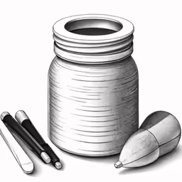 two pens and a jar filled with ink