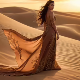 a woman with long brown hair is in an orange dress