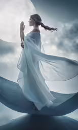 an image of a woman with white dress walking on water