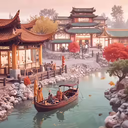 two people rowing in a boat through a pond