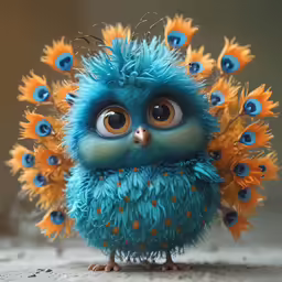 a blue toy with bright colored feathers and orange eyes
