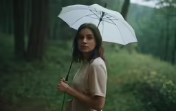 a woman stands in a forest holding an umbrella
