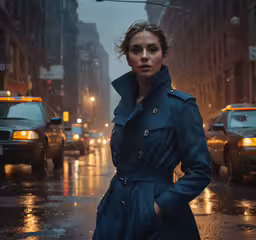 a beautiful woman standing in the middle of a street,a woman is standing on a city street in the rain