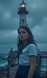 a woman standing near a light house on the beach
