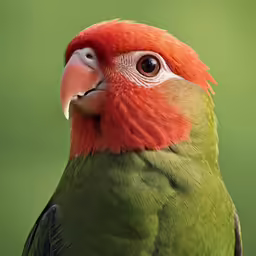 an orange - and - green parrot looks up into the sky