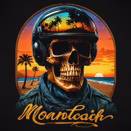 a man in a motorcycle helmet with the sunset,a skull with a helmet on in front of the ocean