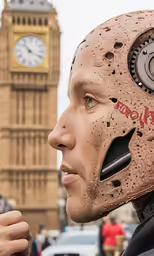 a man wearing a face mask standing in front of a clock tower